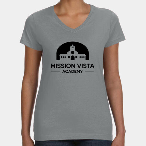 MVA Women's Heather Grey V-Neck T-Shirt Black Logo Thumbnail