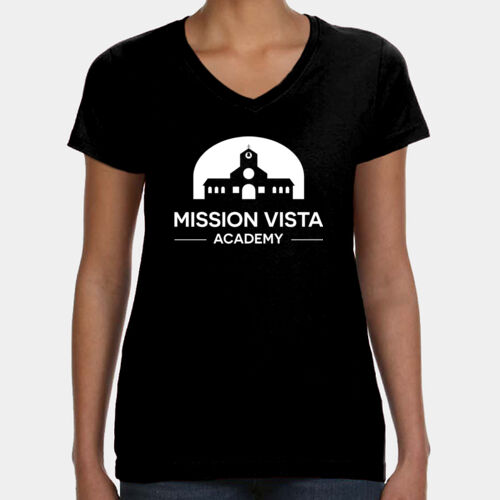 MVA Womens Black V-Neck T-Shirt White Logo Thumbnail